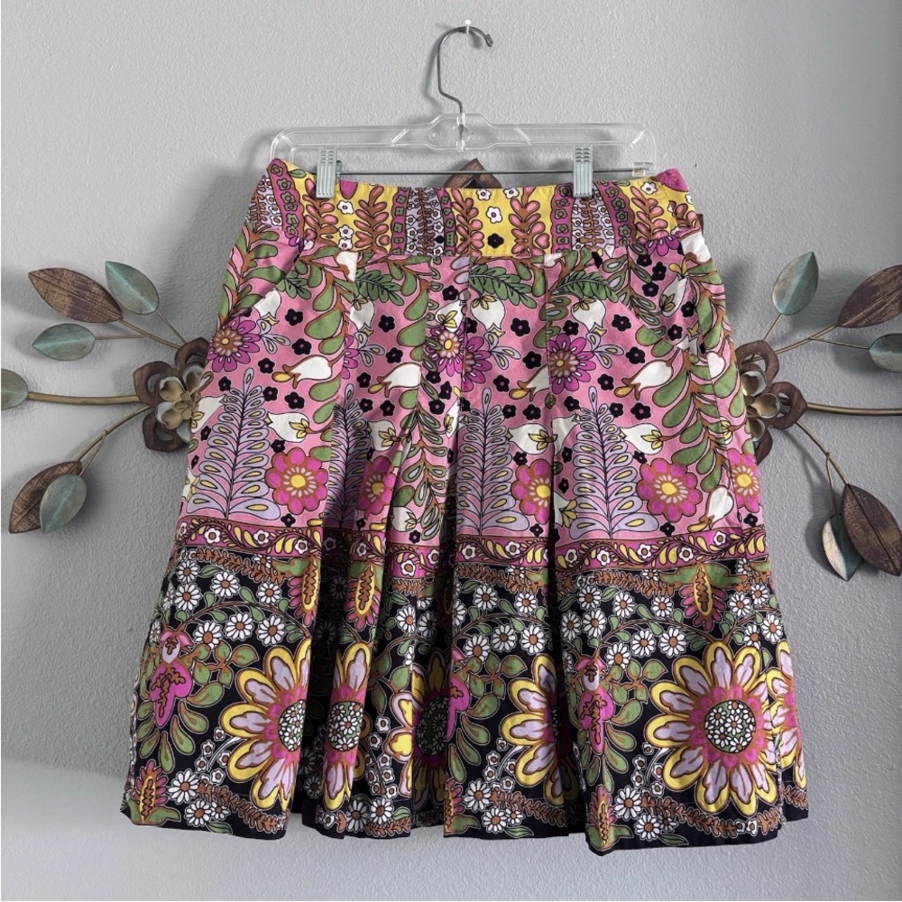 CAbi Pink Floral A-Line Skirt with Black, Yellow & Green Details